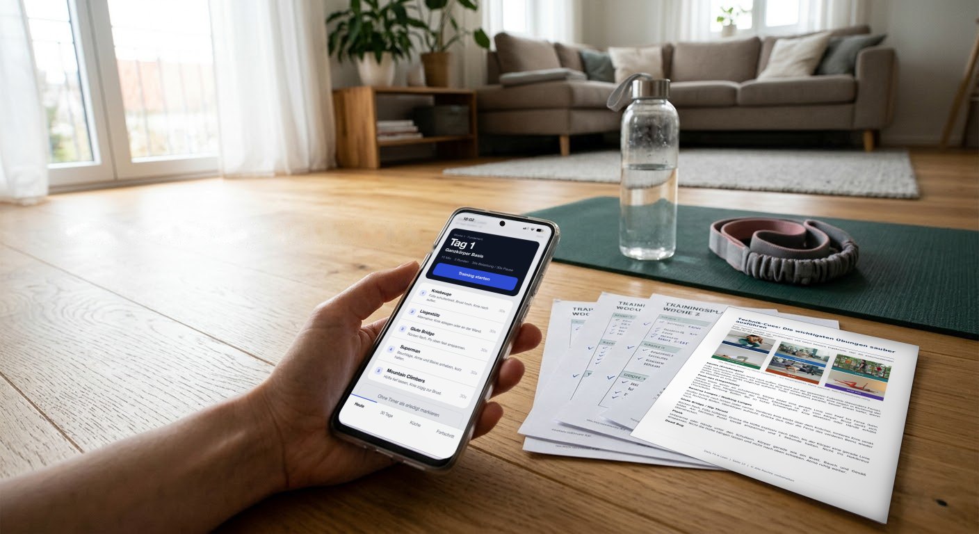 Hand hält Smartphone mit der Daily Fit & Lean Trainings-App, daneben die ausgedruckten Seiten des 30-Tage-PDFs auf einer Yogamatte