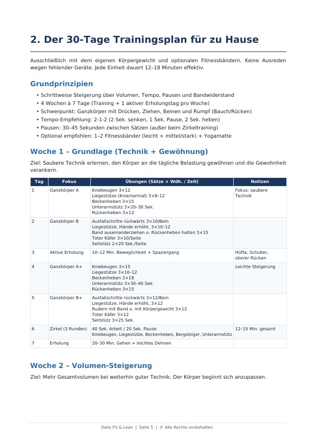 Seite aus dem 30-Tage-Trainingsplan mit Tagesübersicht